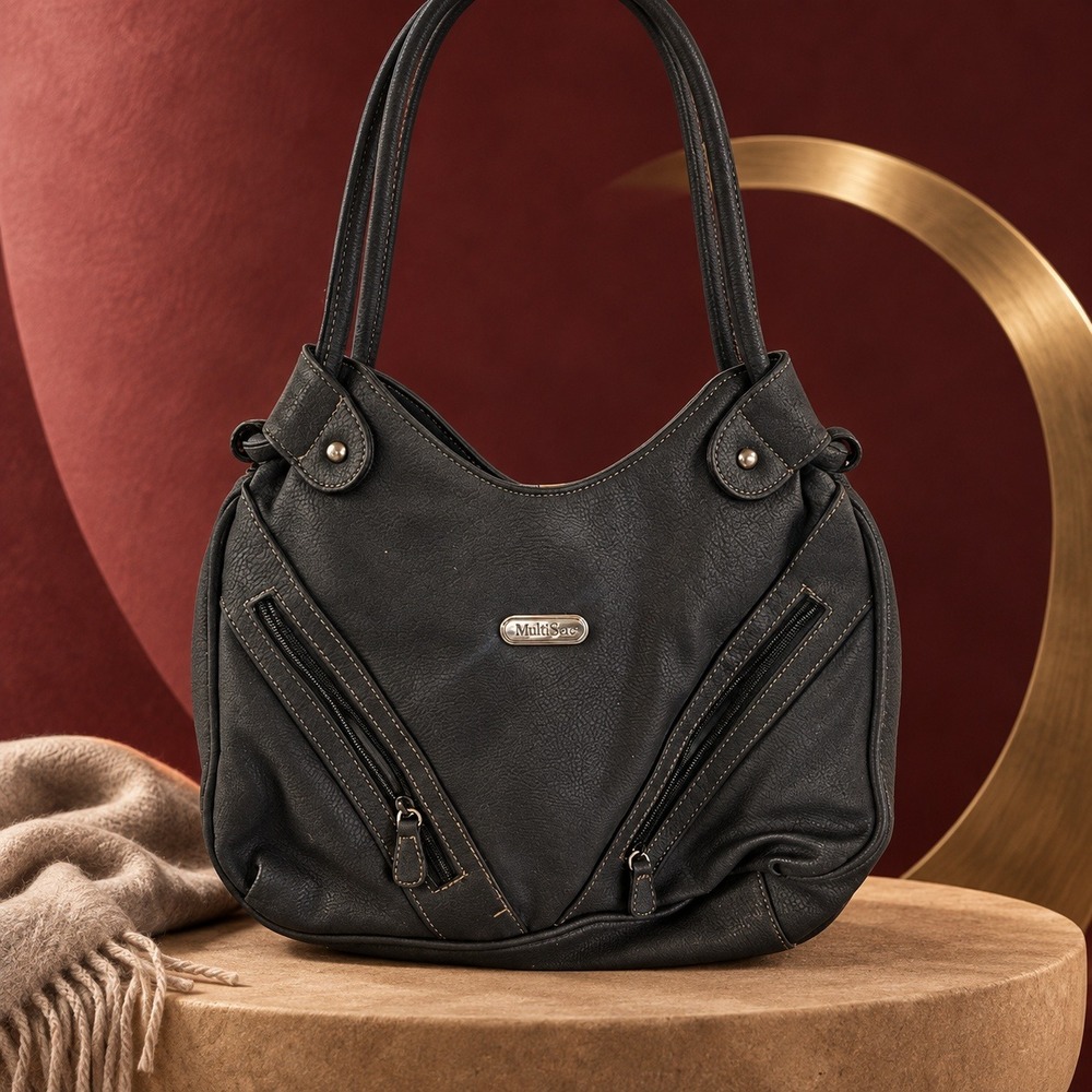 MultiSac Black Multi Pocket Hobo Shoulder Bag Faux Leather Organizers